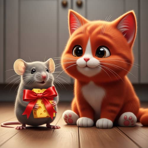 Adorable Gray Mouse and Red Cartoon Cat with Cheese