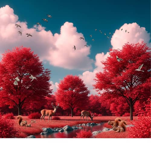 Utopian Wildlife Scene: Animals in Nature under Blue Sky and Red Trees