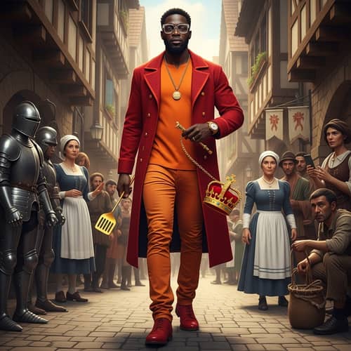 Classy Black Man in Red Coat with Diverse Medieval Crowd