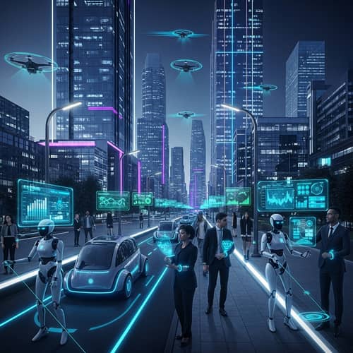 Futuristic Technology Scene: AI Robots, Neon Lights & Smart City