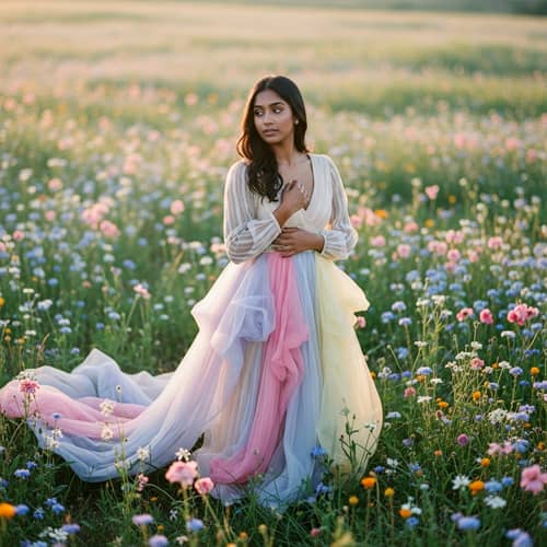Ethereal South-Asian Lady in Wildflower Field | Fine Art Photography