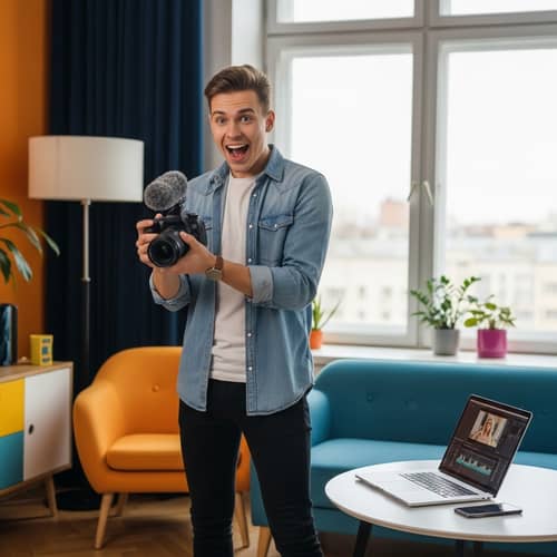Young Male Vlogger Creating Video in Colorful Room