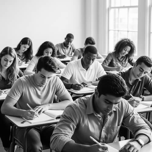 Vintage Classroom Scene: Diverse Students Engaged in Studies