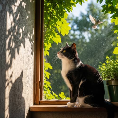 Charming Black and White Cat Watching Bird