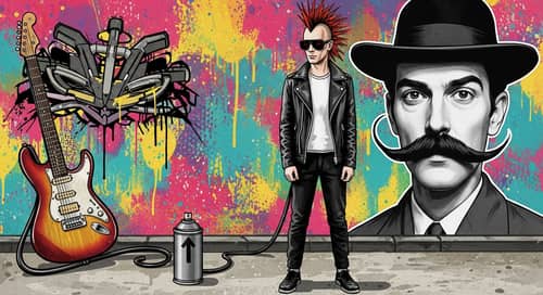 Punk-Inspired Salvador Dali Portrait with Vibrant Colors and Urban Graffiti