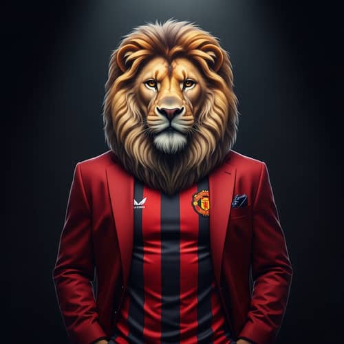 Majestic Anthropomorphic Lion in Red Jacket and AC Milan Shirt