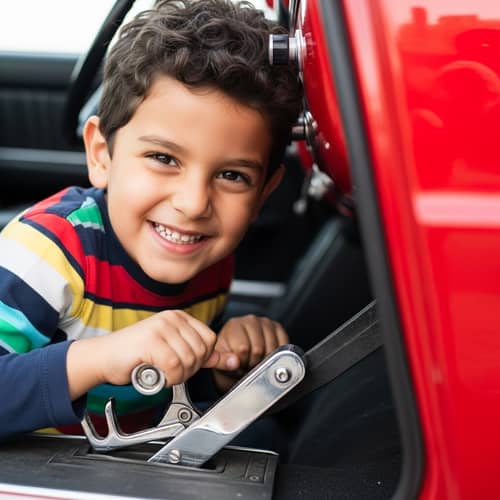 Mischievous Young Middle-Eastern Boy Pressing Hard on Red Car Pedal
