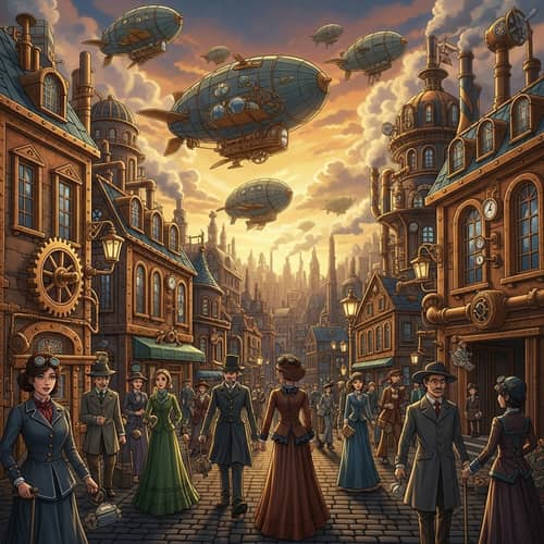 Steampunk Cityscape: Brass & Copper Buildings, Airships, Victorian-Era Citizens