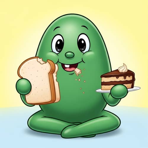 Adorable Green Egg Character Enjoying Bread and Cake