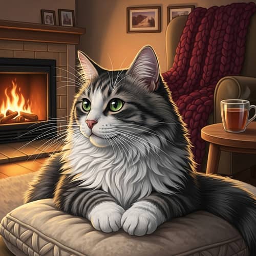 Detailed Illustration of a Household Cat on a Comfortable Cushion