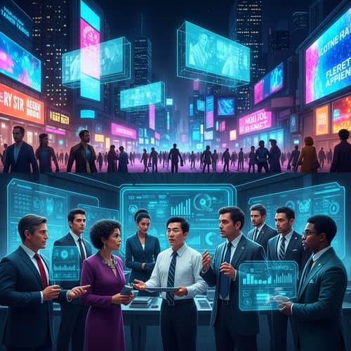 Futuristic Political Environment: Diverse Politicians and Holographic Billboards