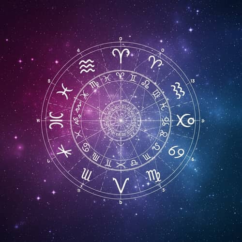 Intricate Astrological Chart on Purple Blue Galaxy Background