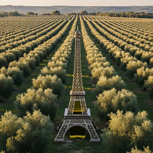 Giant Olive Oil Bottle in Olive Plantation | Eiffel Tower Inspired
