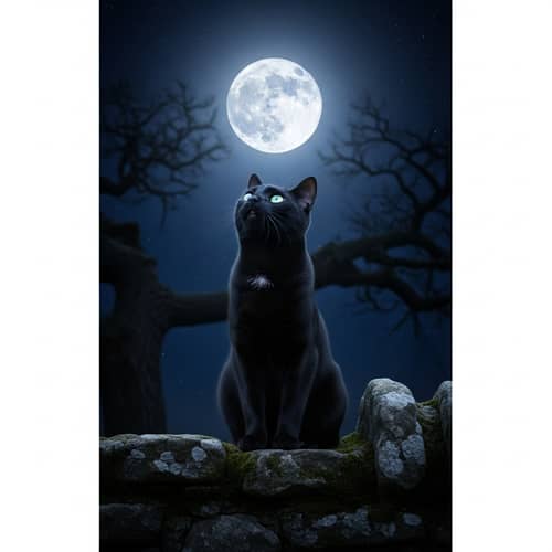 Black Cat Gazing at Moon