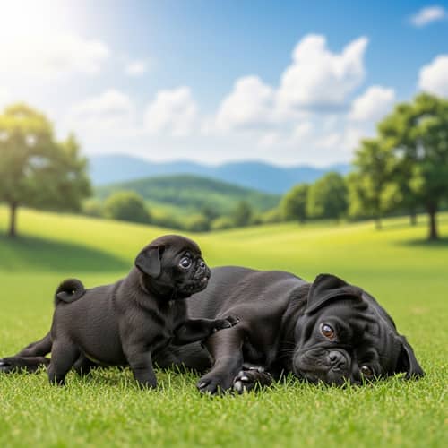 Black Pug Puppy Playing with Adult Pug in Serene Landscape