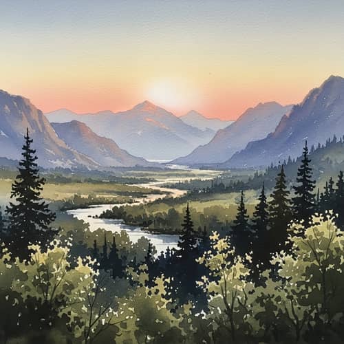 Nature Landscape Watercolor Painting with Lush Vegetation and Majestic Mountains