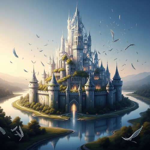 Transparent Crystal Castle Surrounded by River of Life and Silver Wings