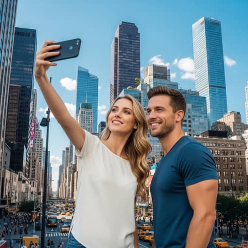 Tall Woman and Muscular Man Selfie in Urban Landscape