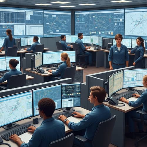 Electrical Grid Management Control Room | Operators Monitoring Infrastructure