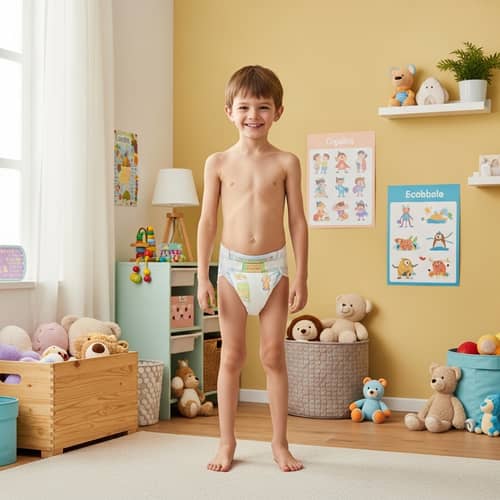 Tall Young Boy in Diapers - Innocent & Mischevious Look