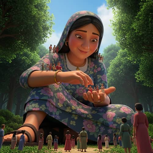 Colossal Giant Housewife in Lush Forest | Magical Scene