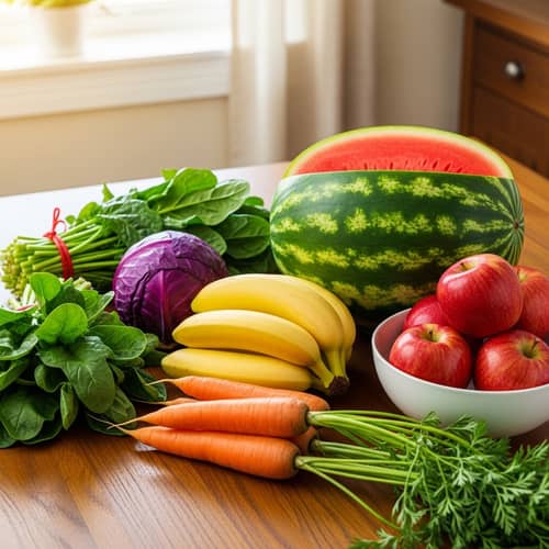 Vibrant Healthy Eating: Colorful Fruits & Vegetables on Wooden Table