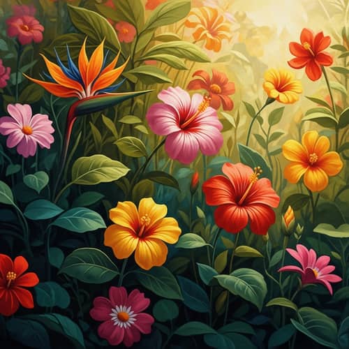 Lush Tropical Garden in Early 20th Century Mexican Art Style