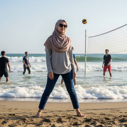 Relaxing Afternoon Beach Scene with Woman Standing by the Sea