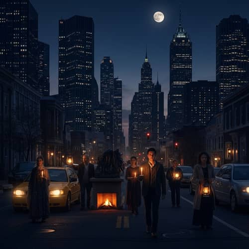 Impact of Global Power Outage: Dark Skyscrapers & Candlelit Streets