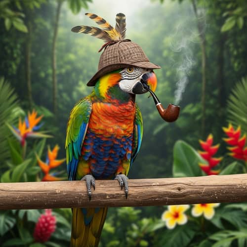 Colorful Parrot with Hat and Smoking Pipe - Tropical Jungle Scene