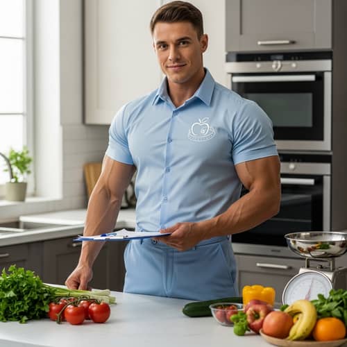 Muscular Nutritionist in Light Blue Uniform
