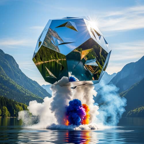 Reflective Metallic Geometric Object in Scenic Landscape