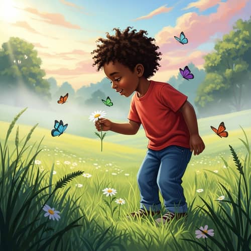 Joyful Nature Exploration: Young Black Boy in Red T-shirt with Colorful Butterflies