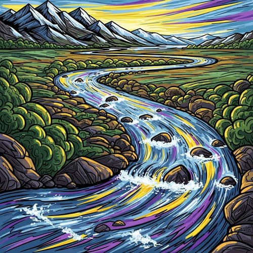 Abstract Flowing River Art: Enigmatic Mountains to Vast Ocean