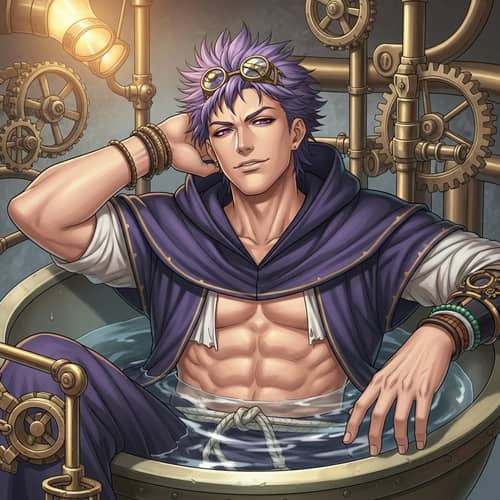 Cocky Male Monk with Violet Hair in Steampunk Setting