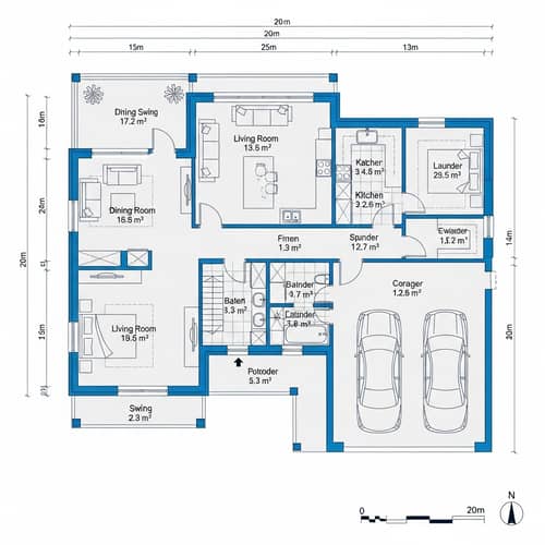 Architectural Blueprint for 20x13m House Design with Living Room, Kitchen, Garage