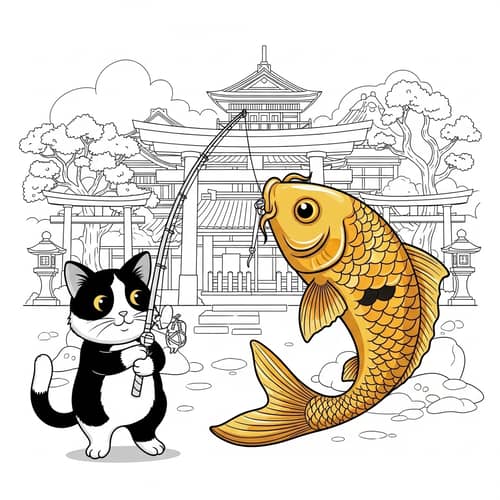 Cartoon of a Black & White Cat Catching Koi Fish