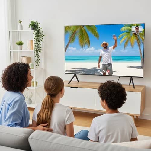 Family Video Call with Father on Remote Island