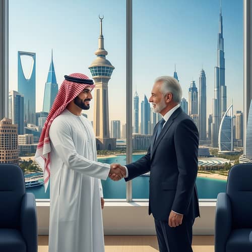 Middle-Eastern Men Shaking Hands in Luxurious Office with Iconic Landmarks