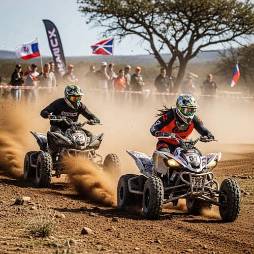 Intense ATV Racing: Hispanic Man vs Black Woman in Dirt Battle