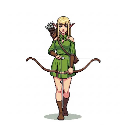 Pixel Art Elf Girl in Green Robe - Bow and Quiver