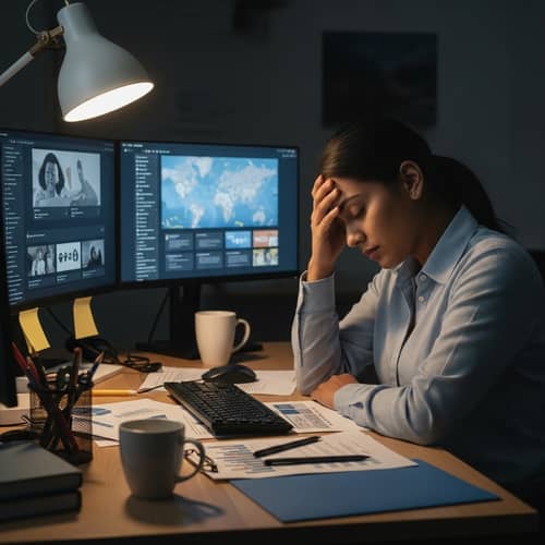 South Asian SMM Specialist Exhausted at Work