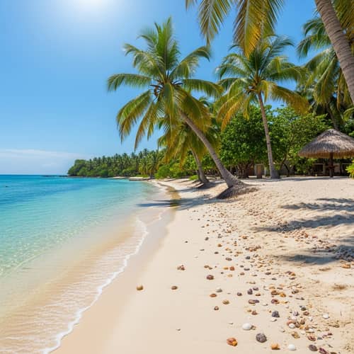 Tranquil Tropical Beach with Palm Trees, Seashells, and Thatched-Roof Hut