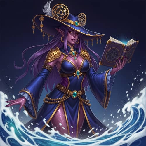 Celestial Astrologer with Purple Hair and Star Chart Book