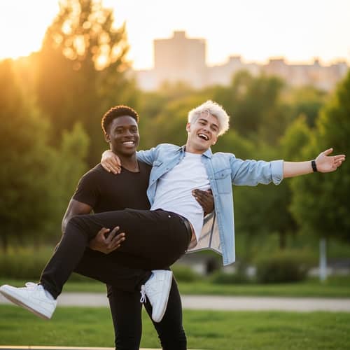White-Haired Young Man Lifted by Black-Haired Man