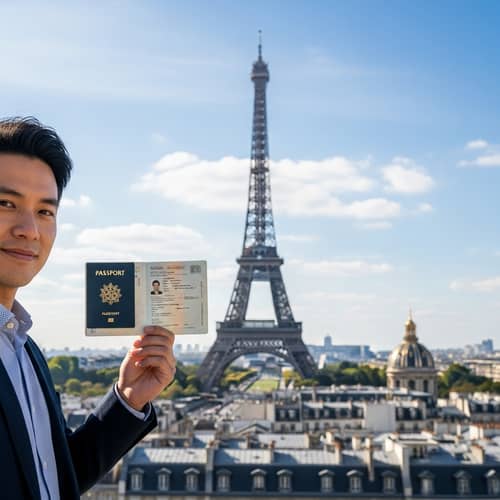 East Asian Man with Travel Document in Paris | Cityscape View