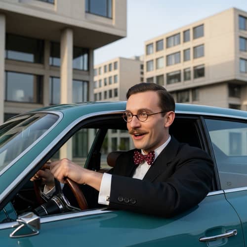 European Modernist Architect Behind Wheel of Futuristic Electric Sedan Car