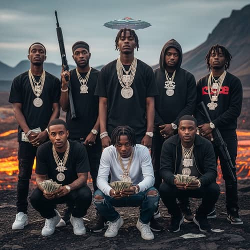 Futuristic Group Portrait with Armed Figures and Wealthy Individuals