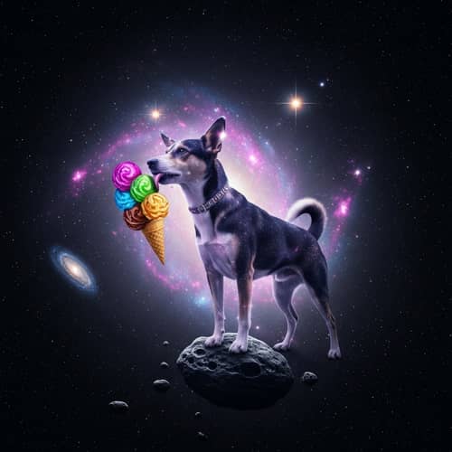 Galactic Dog Enjoying Cosmic Ice Cream in Space