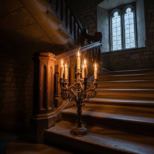 Candelabra on Staircase of Old Castle